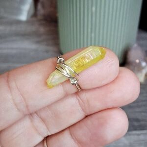 Yellow Aura Quartz Crystal Ring, Wire Wrapped, Gold, Size 5.5 Boho Statement